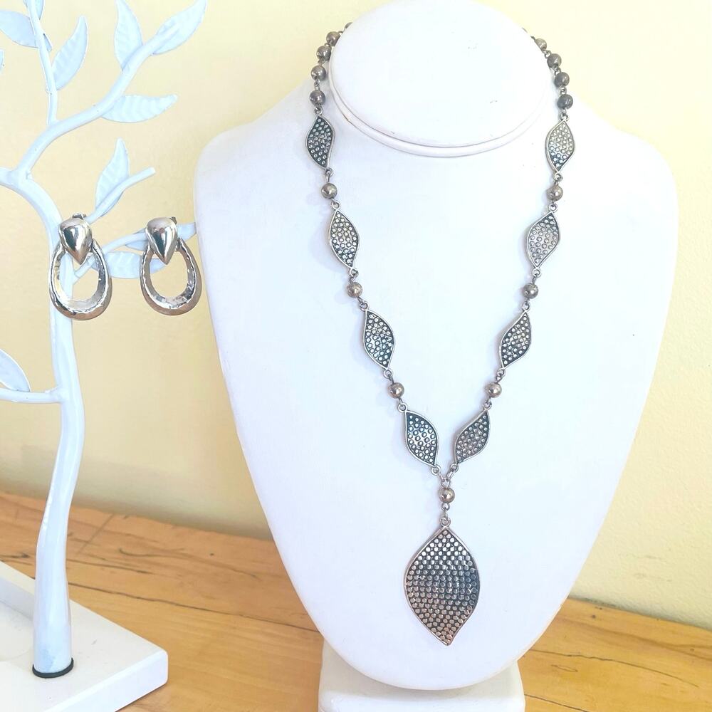 Necklace Earrings Pendant Leaf Marquise Boho Chic Retro Silver Tone